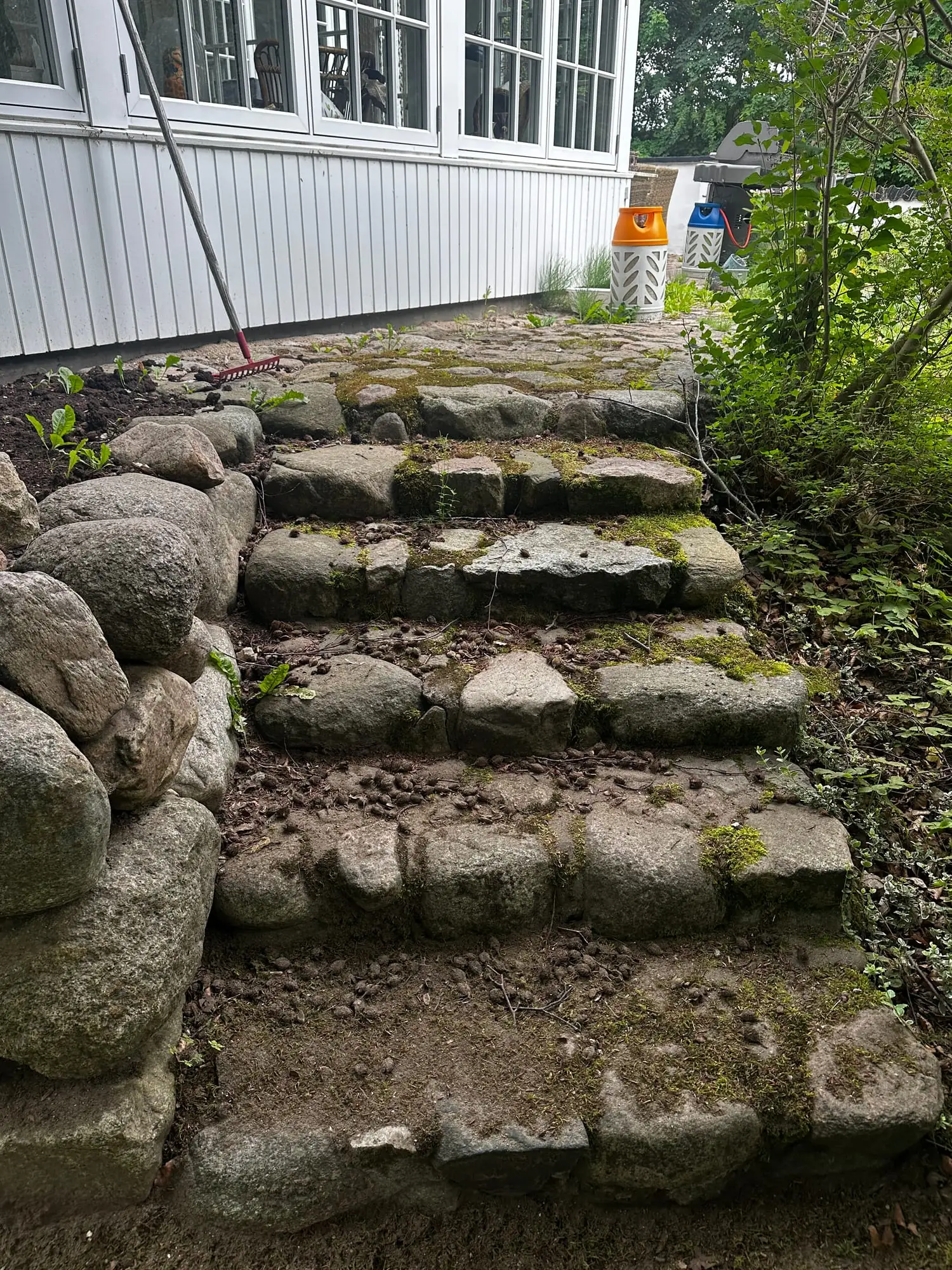 Trappe af natursten, hvor mos og jord dækker det meste af trinnene