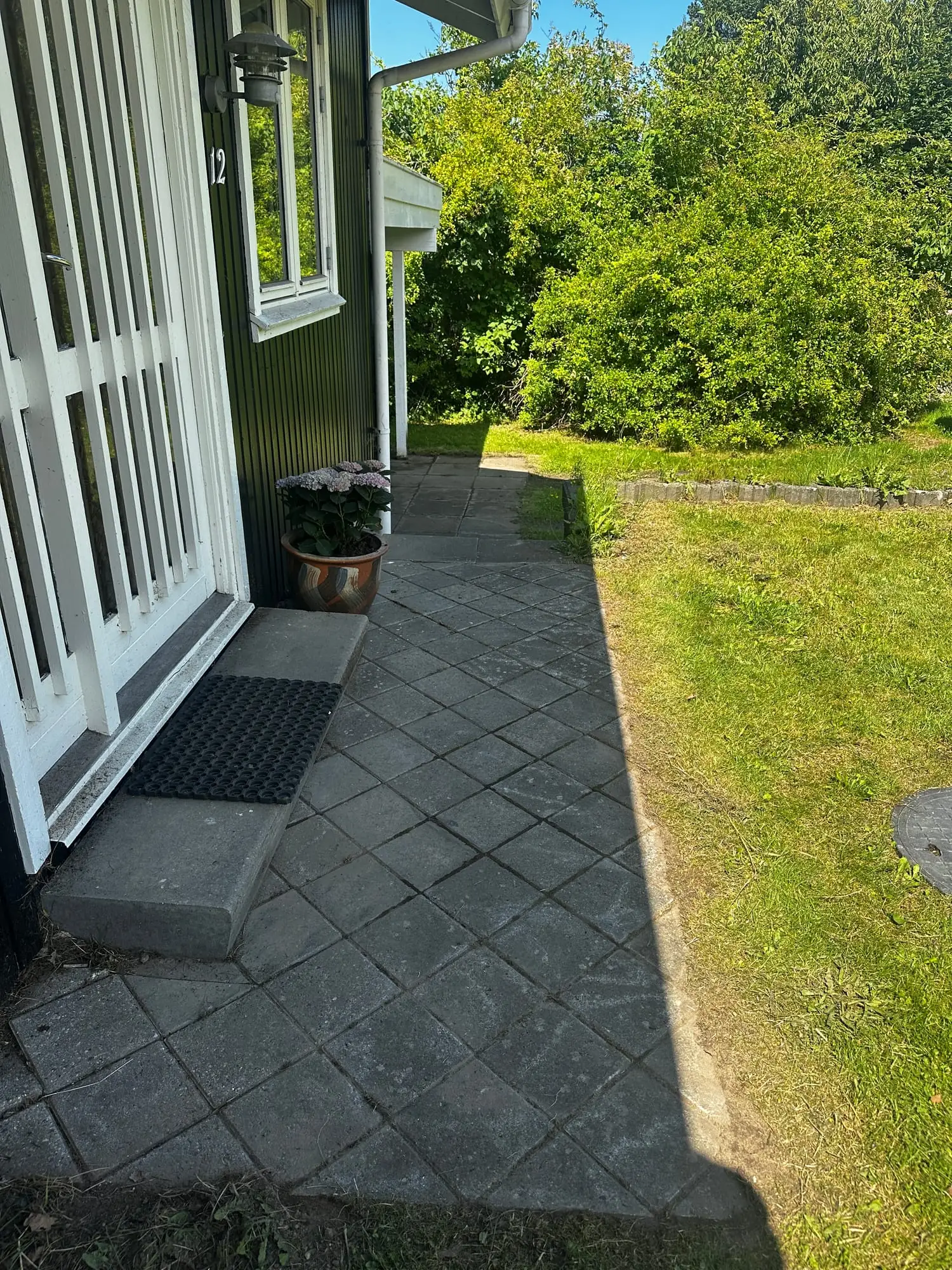 Fliser ved en hoveddør renset for ukrudt og mos i fugerne